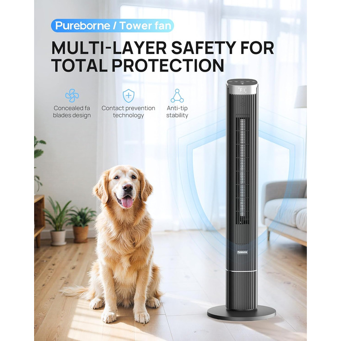 Турбовентилятор Leiser з осциляцією 90°, Wi-Fi, пульт, 4 швидкості, 4 режими, таймер 12 год, чорний, 102 см