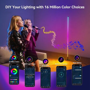 LED торшер кутовий RGB 60 см для вітальні, димується, з пультом та додатком, музичні режими, DIY, таймер - для спальні, геймінгу
