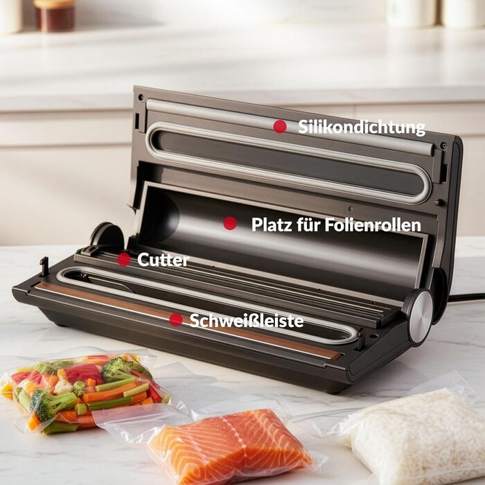 Вакууматор для продуктів LEHMANN — вакуумний пакувальник для сухих та вологих продуктів, пристрій для запаювання пакетів з шлангом для відкачування повітря, ширина шва 30 см