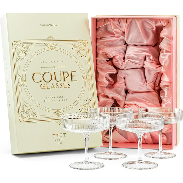 GLASSIQUE CADEAU Набір келихів для коктейлів та шампанського, арт-деко, 4 шт, 200 мл | Келихи для Cosmopolitan, Daiquiri, Espresso Martini