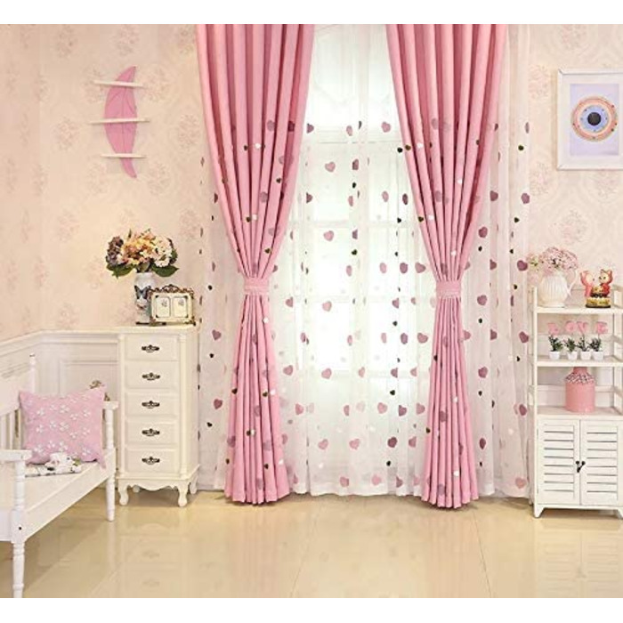 Завіса Lactraum для дитячої кімнати для дівчаток, прозора біла з вишитими сердечками, 100 x 245 см (непрозора з гофрованою стрічкою, 200 x 245 см (Ш x В))