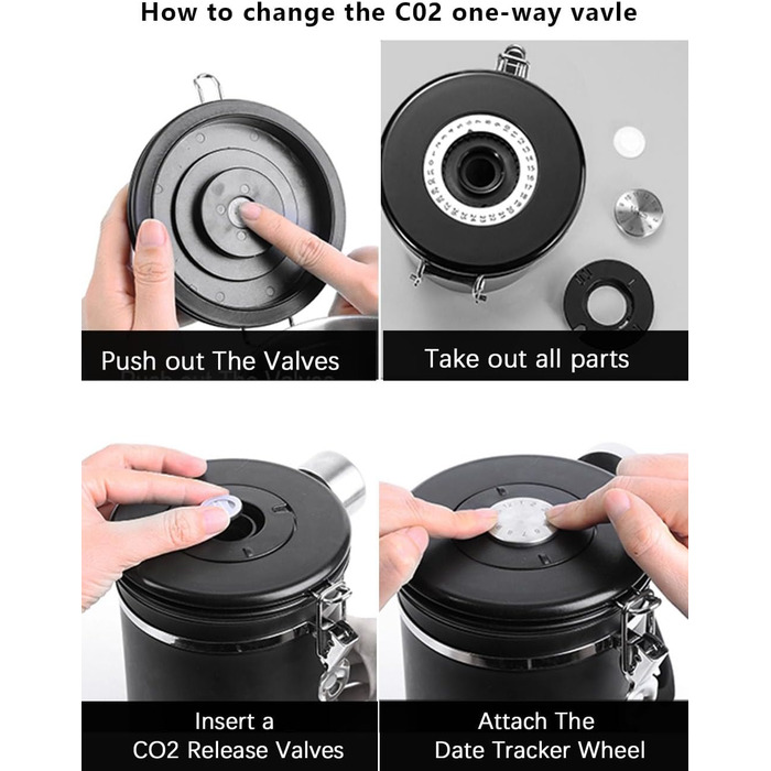 Герметична кавова банка з нержавіючої сталі, 1,8L, з датчиком дати, CO2-вентилем та мірною ложкою, для кави, чаю, горіхів, какао, чорна