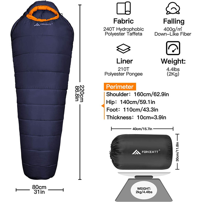Спальний мішок Forceatt -10C15C 4 Сезони, зимовий спальний мішок для мумій для дорослих, водонепроникний, Ультралегкий спальний мішок для активного відпочинку