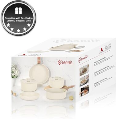 Набір каструль та сковорідок RIOVARM з індукційним дном та знімними ручками, антипригарне гранітне покриття, 16 предметів. Без PFOA.