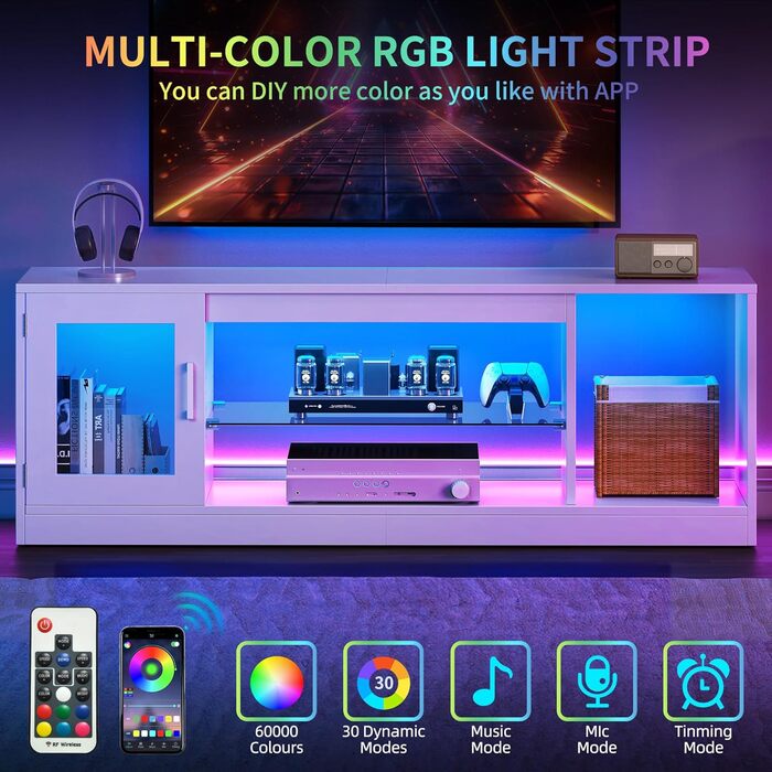 Тумба під телевізор YITAHOME з RGB-підсвічуванням, білий колір, 148 x 32 x 51 см, з полицями для 43