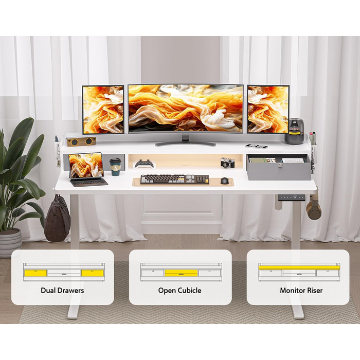 Електричний письмовий стіл WALKINGDESK з регулюванням висоти, 2 шухлядами, ергономічний сидячи-стоячи, для домашнього офісу, з полицею, гачком, DIY-панеллю, 122x61 см, білий