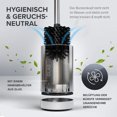 Торцева щітка для унітазу ROMO | Силіконова щітка для унітазу | З вентиляцією | Свободно стояча | Змінний насадок з нержавіючої сталі | Знімна підставка для крапель | Торцева щітка без кріплення до стіни (Без бачка, Срібна)