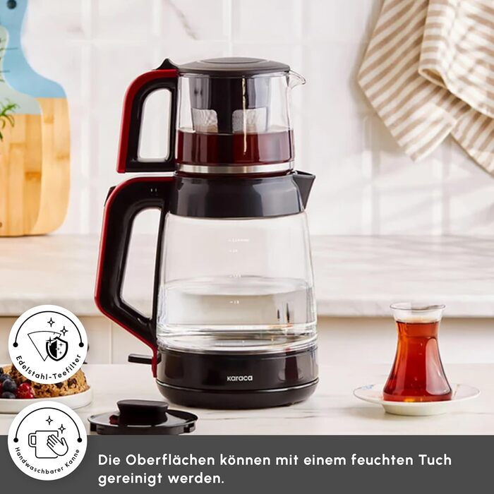 Чайник-заварник Karaca Glass XL 2 в 1 Shiny Black, 0.9л, 2.2л, LED, автоматичний, з обертовою основою