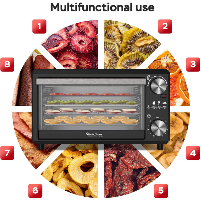 TurboWave BIO сушарка для продуктів, 14 л, металева, 5 ящиків, 30-80°C, таймер, рецепти