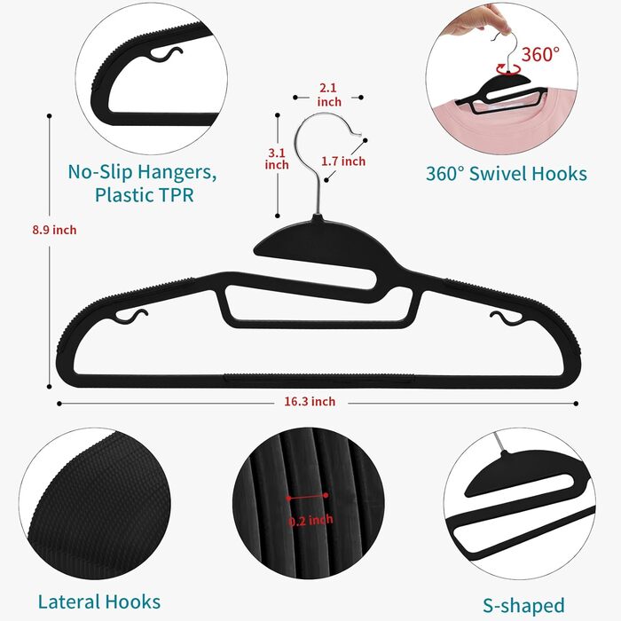 Плечики для одягу з пластику, набір 100 шт. з неслизьким покриттям, поворотний гачок 360°, з кріпленням для краваток, APY04G (Чорний + Срібло)
