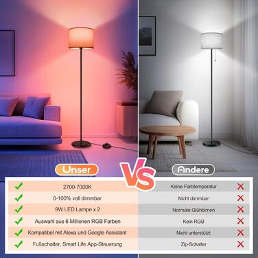 LED торшер димований RGB 156 см для вітальні, управління через додаток, сумісний з Alexa/Google Assistant, 16 млн кольорів, DIY-режим, музичний режим, WiFi лампа E27