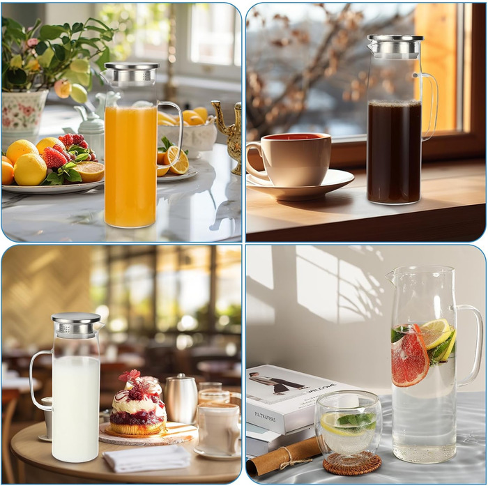 Скляна карафа для води 1.5л з кришкою, термостійка, для гарячих/холодних напоїв, вина, айс-ті та соків