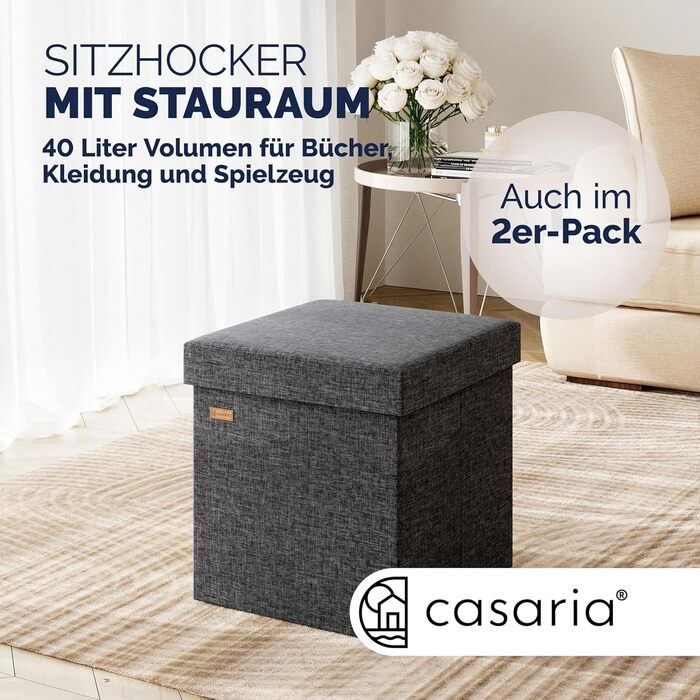 Пуф Casaria® з місцем для зберігання, білий, складний, з кришкою, штучна шкіра, м'який, 38x38 см, для спальні, вітальні, передпокою, білий (2, темно-сірий)