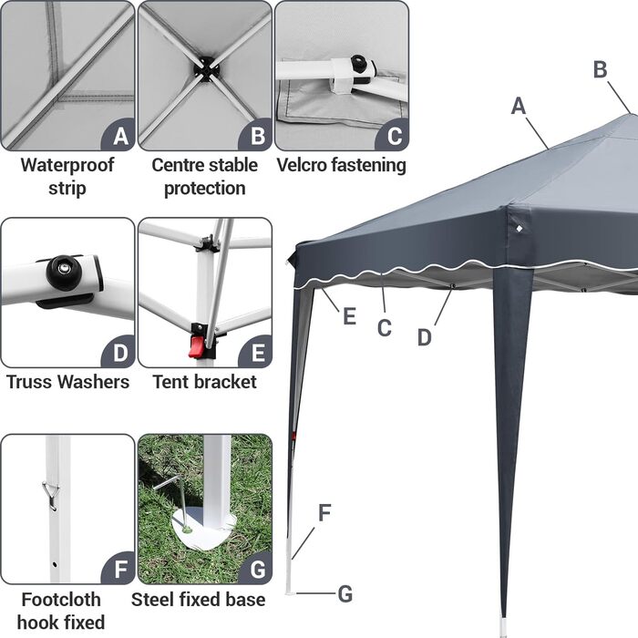 Альтанка 3x3 м водонепроникна стабільна зимонепроникна, намет з навісом Складний садовий намет, висувний намет для вечірок, складаний намет для альтанки з 4 бічними стінками, захист від ультрафіолету 50 металевих брекетів для кемпінгу (сірий)