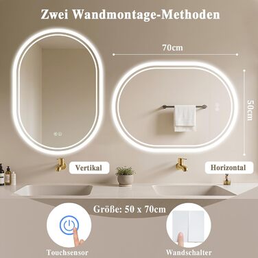 LED дзеркало для ванної кімнати Badspiegel з підсвічуванням, антизапар, сенсорне керування, регулювання яскравості, 3 кольори світла, овальне, 50x70 см