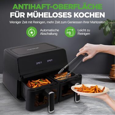 Фритюрниця NutriChef 8.3L з 2 відсіками, з подвійним нагріванням, з оглядовим вікном, 9 програм, до 360°C, антипригарне покриття, для смаження без олії, компактна та безпечна
