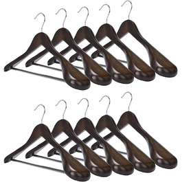 10 дерев'яних вішалок для костюмів з широкими плечима – протиковзні, 360° обертання, для сорочок, пальто, курток, штанів (волоський горіх, високоякісне дерево)