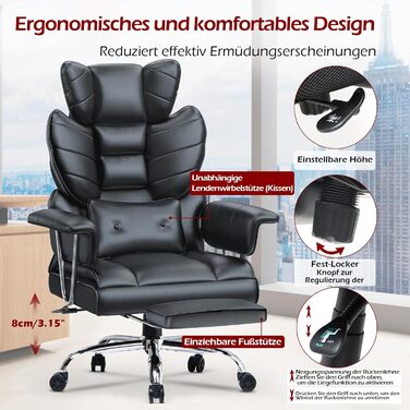 Ергономічне крісло для офісу з висувною підніжкою, регульоване по висоті, велика м'яка спинка, індивідуальна підтримка попереку, крісло для начальника з PU-шкіри, чорне з підніжкою