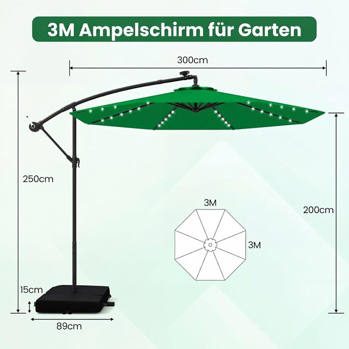 Садова парасолька COSTWAY 300 см з підставкою та LED-підсвіткою, підвісна парасолька-амбрела з ручкою, захист від UV, для тераси, басейну та двору, бежевий/зелений