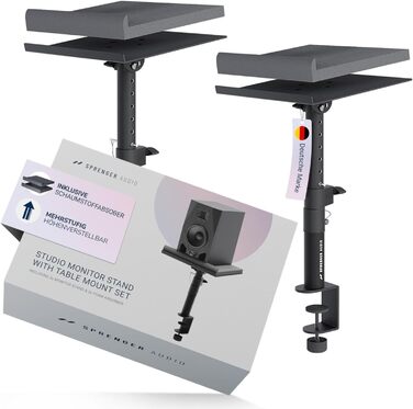 Стійка для акустики Sprenger з кріпленням для столу – регулювання ±20°, до 28кг – з демпфером з піни – стабільна та міцна – для студії, столу та DJ-setup – чорний колір