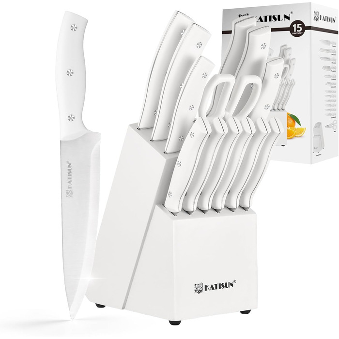 Набір ножів 15 предметів: ніжний блок з самозаточкою, набір кухонних ножів з нержавіючої сталі з ергономічними ручками, включаючи кухонний ніж, саторі та інші