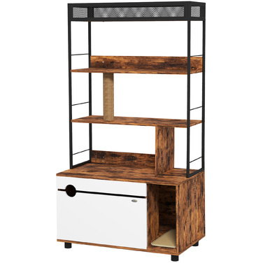 Котомийка з 3-ярусним стелажем та когтеточкою, закритий лоток для котів, 80 x 48 x 152 см, Коричневий