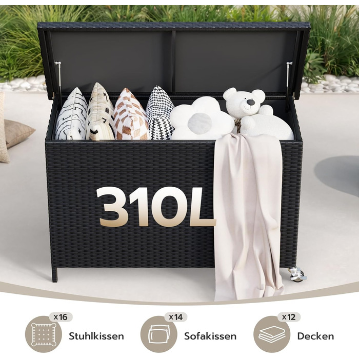 Водонепроникний садовий ящик Amopatio Gartenbox 480л з поліротангу, металевий ящик для подушок на колесах з газліфтом для саду та балкону (чорний)