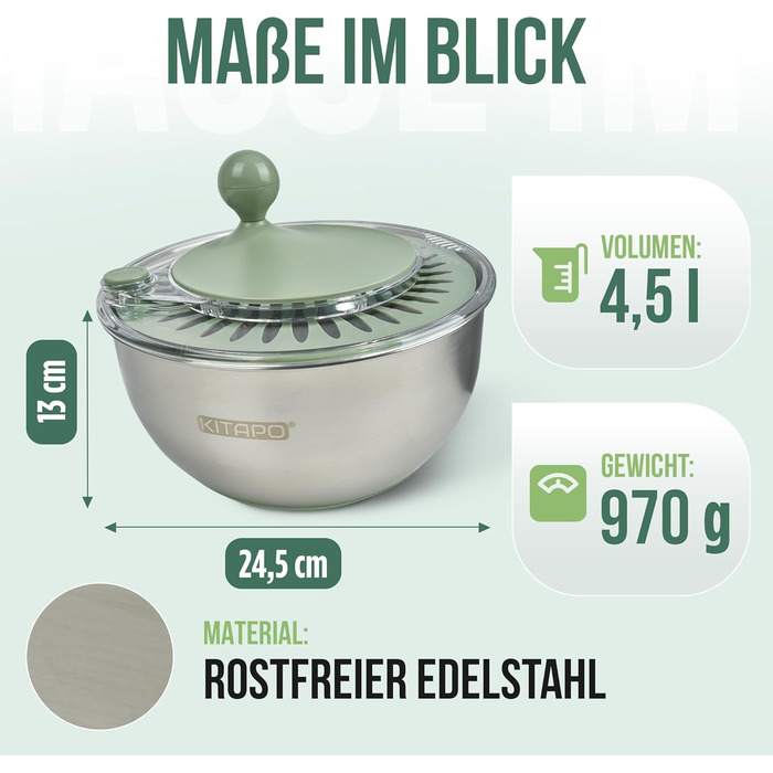Салатниця-швидкоочисник з нержавіючої сталі з ручним приводом, 4.5л [2-в-1, випуск води, придатна для миття в посудомийній машині, неслизька]