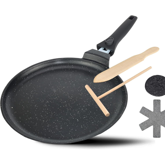 DIVORY Сковорода-гриль 28x28 см з виливом та знімним ручками - сковорода для стейків на індукційній плиті, з антипригарним покриттям, з лопаткою та захистом для сковороди (Чорний, сковорода для крепів 28 см)