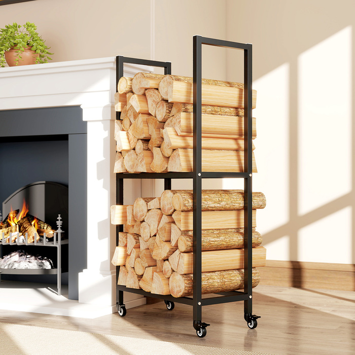 Стильна полиця для дров Outsunny з металу, 60 x 30 x 119 см, 2 яруси, з колесами, чорного кольору