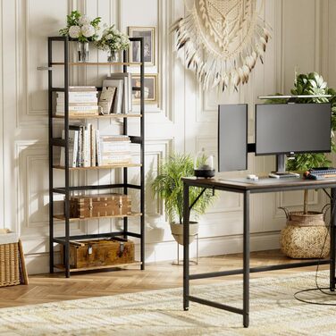 5-ярусна полиця для книг, індустріальна полиця з бамбуковим каркасом, сучасна вітрина, органайзер для зберігання з дерева для вітальні, домашнього офісу, рустикальний коричнево-чорний колір