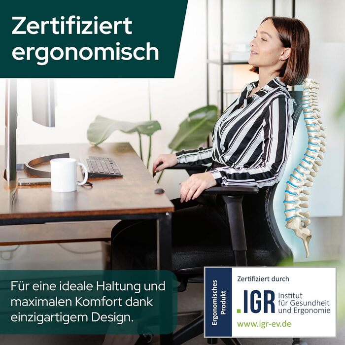 Ергономічне крісло Schekka® для офісу - переможець тестів. Індивідуальне регулювання, підтримка попереку, 3D підлокітники, дихаюча сітка. Макс. вага 150 кг, чорний колір, без підголівника.