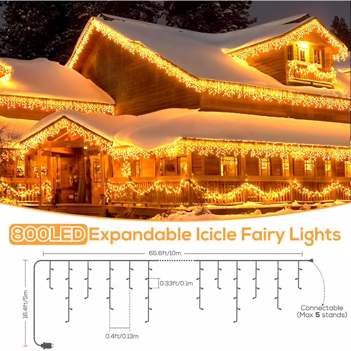 Гірлянда Elegear 20 м 800 LED, тепле біле світло, вулична, льодові бурульки, захист IP44, з таймером, 8 режимів, для вікон, даху, балкона, саду, новорічна ілюмінація