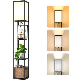 Торшер з дерев'яною поличкою Stehlampe, чорний, 3 режими світла, 1.62м для вітальні, спальні, офісу