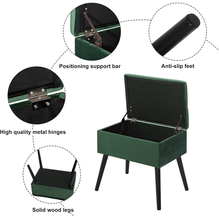 Лавка Оксамитовий табурет з місцем для зберігання, 50x35x45см, темно-зелений