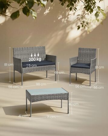 Набір садових меблів SONGMICS 4-х місний, з PE-ратан, для тераси та балкону, сірий (GGF004TZ01)