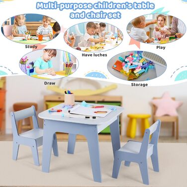 Дитячий стіл MAMIZO з 2 стільцями: комплект меблів для дитячої кімнати, стіл-мольберт, дитячий столик зі стільцями, блакитний