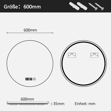 Дзеркало для ванної кімнати Boromal з підсвічуванням, годинником та регулюванням кольору світла (60 см)