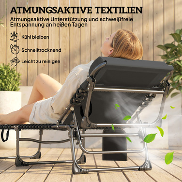 Зручний складаний шезлонг для саду з регульованою спинкою (5 положень), м'яким матрацом та підголівником.