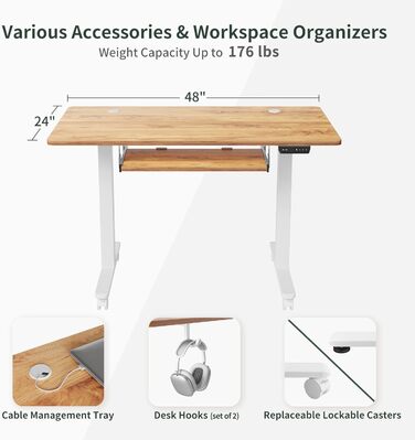 Електричний письмовий стіл, 120x60 см, регульований по висоті, лоток для клавіатури, сталеві ніжки, управління з пам'яттю, захист від зіткнення, коліщатка, білий