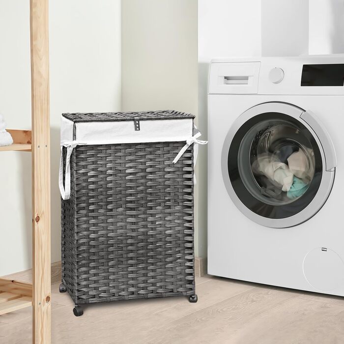 Кошик для білизни 70L з кришкою та колесами, коричневий. 2 мішки для білизни та 3 сітчасті мішки. Складний, ручної роботи, з ротангу.