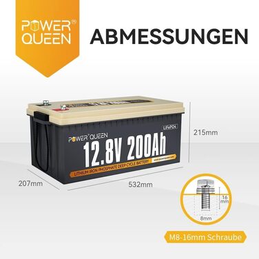 Акумулятор Power Queen 12.8V 200Ah LiFePO4, 4000 циклів, 10 років, для сонячних батарей, автофургонів, кемпінгу, морської піхоти