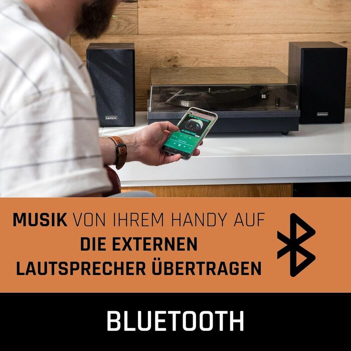 Вініловий програвач Lenco LS-100 з Bluetooth 5.0, зовнішні динаміки 2×10 Вт, ремінний привід, автостоп, корпус з дерева, чорний