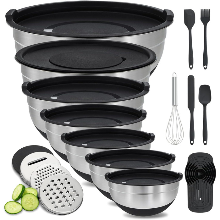 Набір міксерів BEWOS 7 шт. з кришкою, нержавіюча сталь, різні розміри, з терткою, антиковзаюче дно, чорний