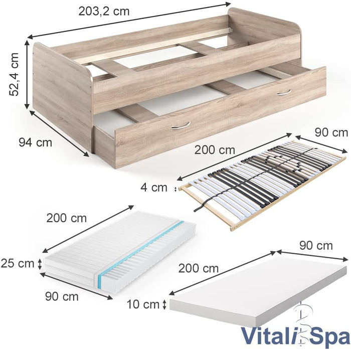 Ліжечко VitaliSpa Enzo, 203,2 x 94 см (Sonoma, 90x200 2 шт. матрац 2 шт. рейкова основа)