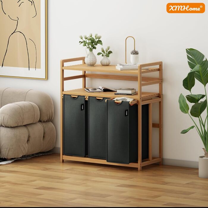 Кошик для білизни з 3 відділеннями, 148 літрів, з бамбука, 2 яруси, великий кошик для білизни з винімним мішком, прямокутна коробка для ванної, спальні та пральні, 77.5x41.3x100.5CM, Бежевий (Темно-сірий)