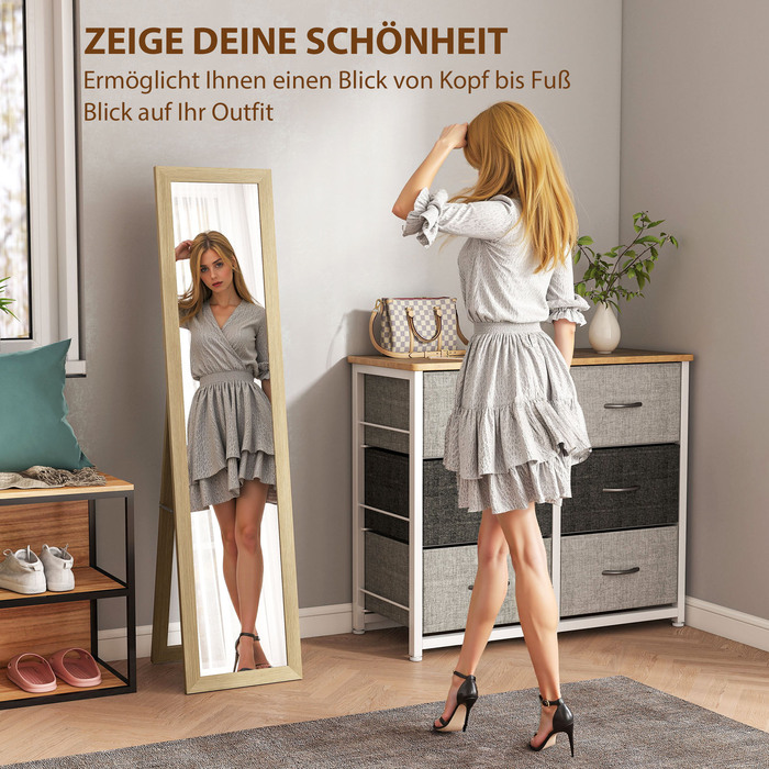 Дзеркало Spiegel для всього тіла, настінне, 37 см x 40 см x 155 см, з кріпильними гачками, срібне + дуб