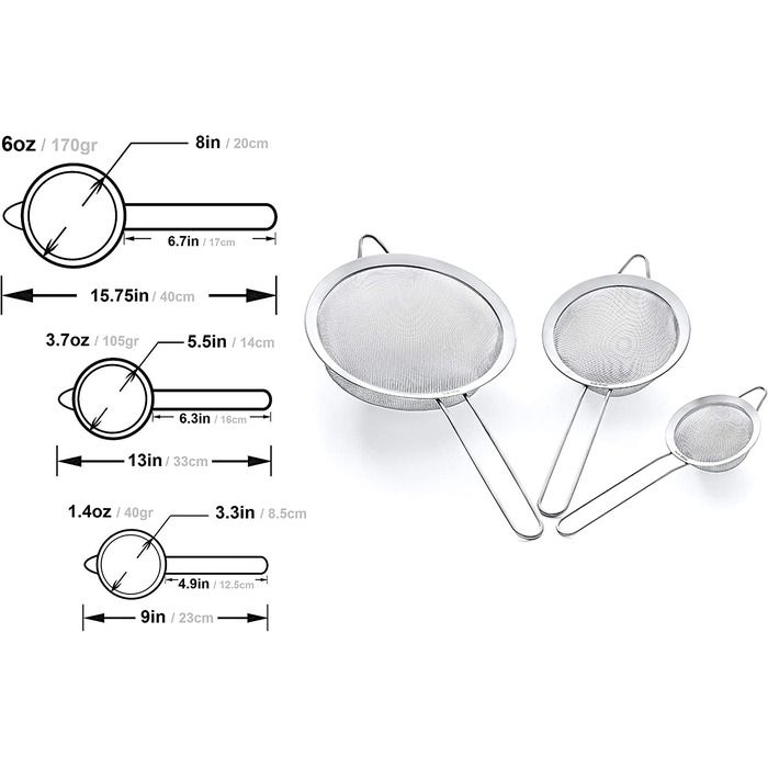 Високоякісний кухонний ситечко Proto Future з дрібною сіткою - 8.5/14/ 20 см-нержавіюча сталь преміум-класу 304-міцні сита, набір сит для