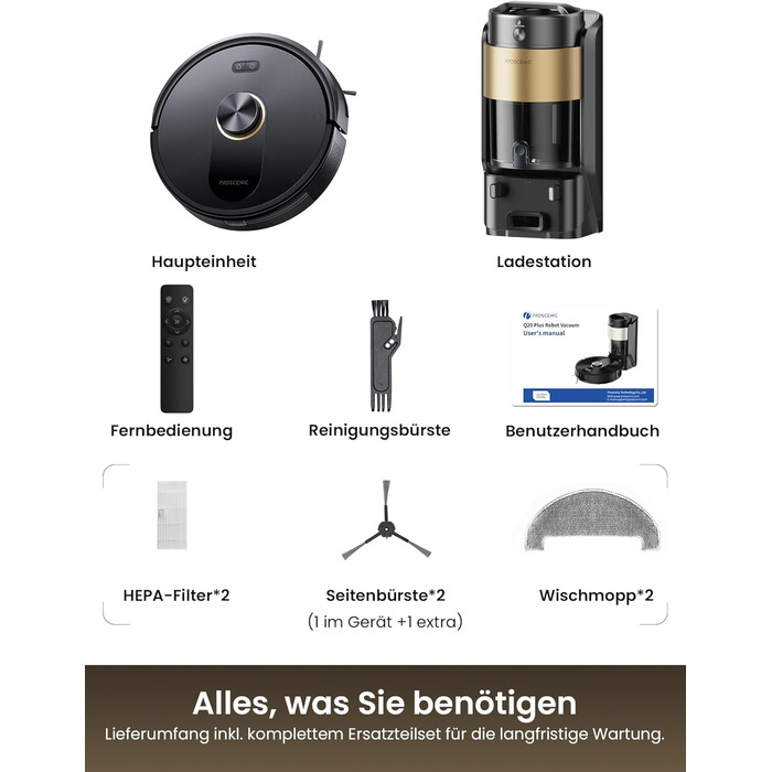 Робот-пилосос Proscenic Q20Plus з функцією миття, 10000Pa, 200хв, бездротовий, самостійна очистка, 3-в-1 для тварин, килимів, твердих поверхонь, чорний