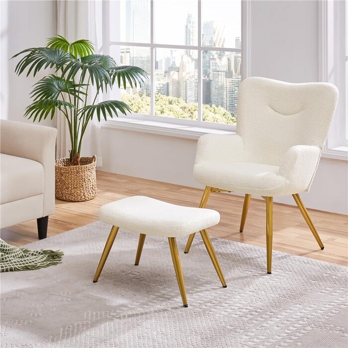 Крісло-навушник Yaheetech з пуфом з тканини Boucle, крісло для відпочинку з підставкою для ніг, розкладне крісло для вітальні/спальні, колір слонова кістка